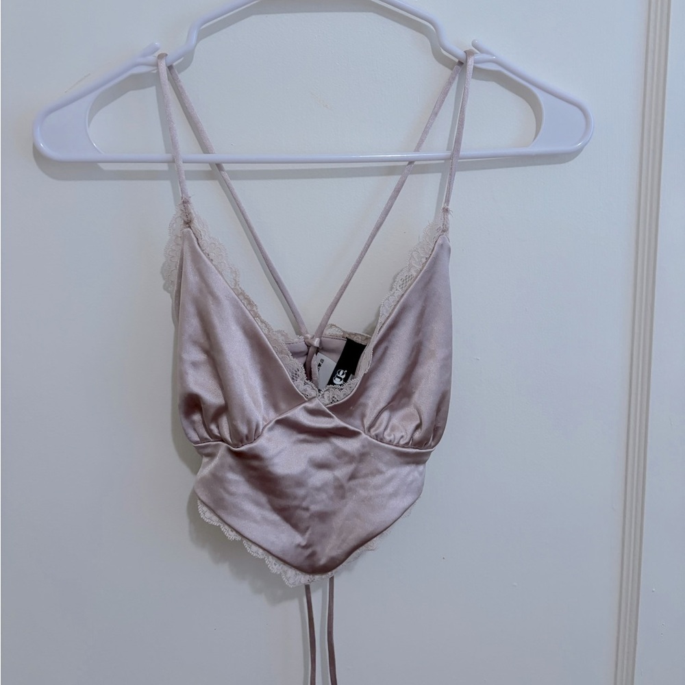 Glassons, cropped satin and Lacey party top, backless cross back tie, size s